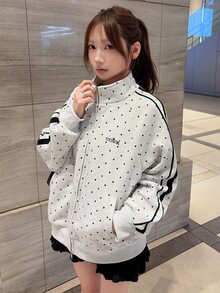 FRIFUL Women's Polka Dot Print Zip-Up Casual Loose Fit Sweatshirt Fall - Grey - View 1