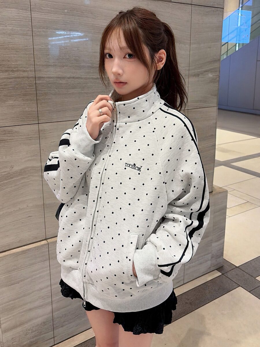 FRIFUL Women's Polka Dot Print Zip-Up Casual Loose Fit Sweatshirt Fall - Grey - View 1