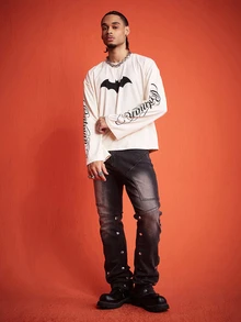 ROMWE MEN Batman X ROMWE 男士聯名印花圖案寬鬆長袖T恤 - 米色 - 查看 5