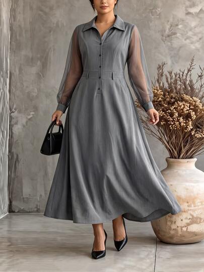 Linhara CURVE Plus Size Women's Vacation Mesh Patchwork Button Dresselegant Long Dresses Vacation Outfits Womenpeasant Dress Work Outfits For Women Casual Dress