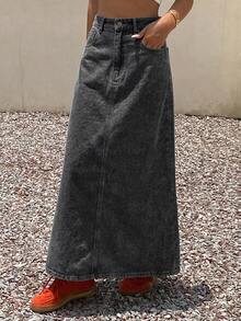 Livesso Women's Cotton High Waist Deep Blue Washed Solid Color A-Line Flared Fitted Denim Skirt Fall - Dark Grey - View 1