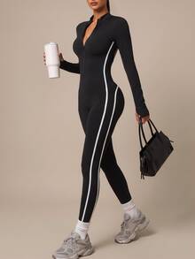 SHEIN BAE Jumpsuit Olahraga Kasual Wanita Motif Blok Warna untuk Perjalanan Sehari-hari - Hitam - View 4