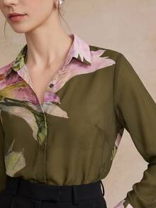 Anewsta Essential Spring/Summer New Elegant Fashion Floral Print Chiffon Long Sleeve Blouse For Women, Suitable For Outing, Party, Holiday, Vacation And Professional Occasions - Army Green - View 2