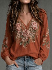 SHEIN Holidaya Autumn Elegant Vacation Long Sleeve Floral Print Women's Blouse, Suitable For Party, Gathering, Shopping, Commuting - Coral Orange - View 5
