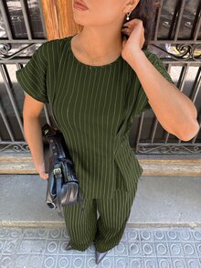 Siren Gaze 女款條紋百褶襯衫與長褲商務兩件套 - 軍綠色 - 查看 4