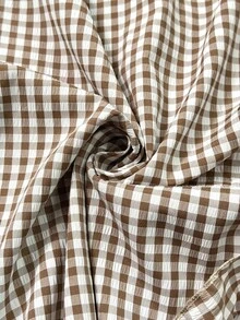 Nubod Plus Size Spring/Autumn Vintage Plaid Country Style Romantic French Inspired Round Neck Tie Front Drawstring Chest Shoulder Patchwork Ruffle Lace Puff Sleeve Long Sleeve Blouse - Brown - View 7