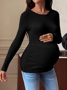 SHEIN Maternity Solid Color Casual Versatile Daily Wear Long Sleeve T-Shirt - Black - View 7