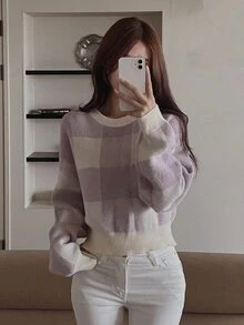 DAZY Women's Colorblock Plaid Loose Short Long Sleeve Crew Neck Casual Vacation Spring Autumn Knit Sweater - Purple - View 3