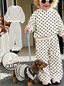 Baby Girl Vintage Cute Dopamine Black & White Contrast Polka Dot Soft Thick Long Sleeve Crew Neck Pullover Sweatshirt & Wide Leg Pants Set, Suitable For Autumn/Winter, Korean Style, Casual Comfortable, Fashion Kids Wear, Y2K, Vacation Comfort - Multicolor - View 1
