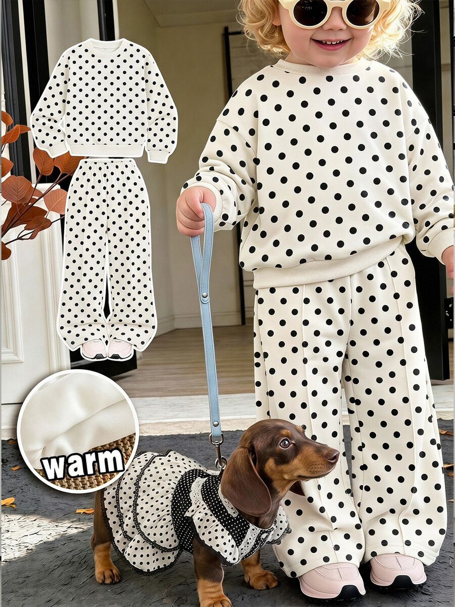 Baby Girl Vintage Cute Dopamine Black & White Contrast Polka Dot Soft Thick Long Sleeve Crew Neck Pullover Sweatshirt & Wide Leg Pants Set, Suitable For Autumn/Winter, Korean Style, Casual Comfortable, Fashion Kids Wear, Y2K, Vacation Comfort - Multicolor - View 1