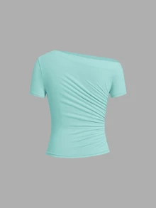 SHEIN Clasi 女款素色不對稱領短袖抓皺修身休閒T恤 - 彩色 - 查看 4