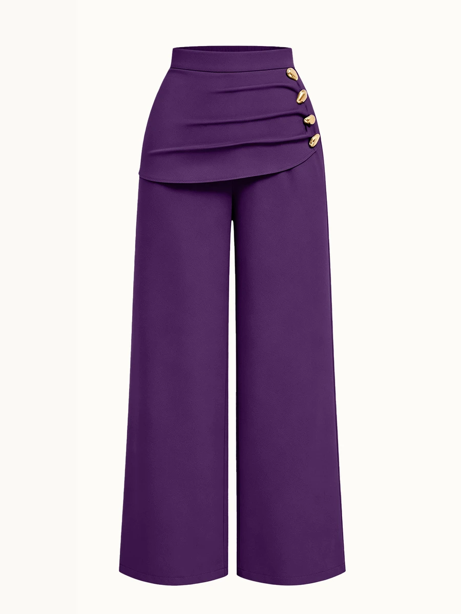 Sweetra Plus Size Women's Design 2 In 1 Metal Button Decor Straight Leg Pants, Slimming Elegant Versatile Commute Casual Trousers, Autumn/Winter New - Violet Purple - View 1