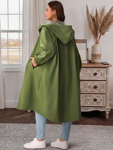 EMERY ROSE Plus Size Solid Hooded Button Front Long Sleeve Trench Coat With Pockets Fall Winter 2026 - Army Green - View 3