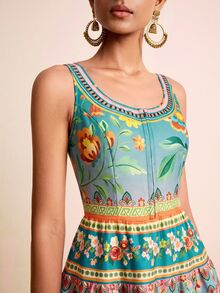 LOTSLUV Women's Spring/Summer Vacation Elegant Colorful Gradient Placement Print U-Neck Sleeveless Ruched Waist Patchwork Lace Trim Print Dress - Olive Green - View 7