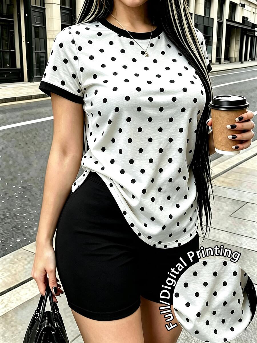 Rovax 女款波點印花短袖T恤與短褲休閒兩件套 - 彩色 - 查看 1
