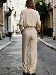 Balvessa Women's 2026 Elegant Knotted Long Sleeve Shirt And Pants Two Pieces Set - Apricot - View 2