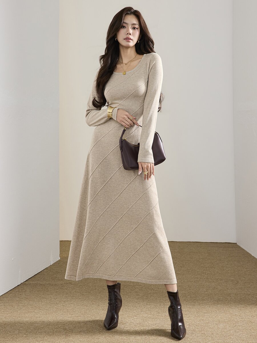 Heiryn Women's Solid Color Round Neck Long Sleeve Casual Knit Dress - Khaki - View 1