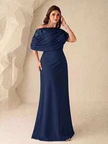 Coutiva 大尺碼女款純色不對稱肩優雅新娘母親禮服 - 藏蓝色 - 查看 7