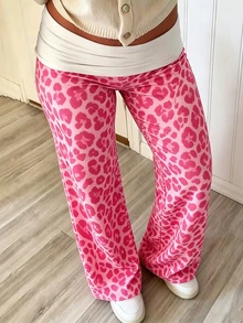 Sundraya Pink Leopard Print Low Waist Flared Casual Pants Y2K Retro Contrast Color Cuffed Elastic Flare Long Pants Sexy Slim Fit Leopard Print Knit Flared Long Pants - Multicolor - View 1