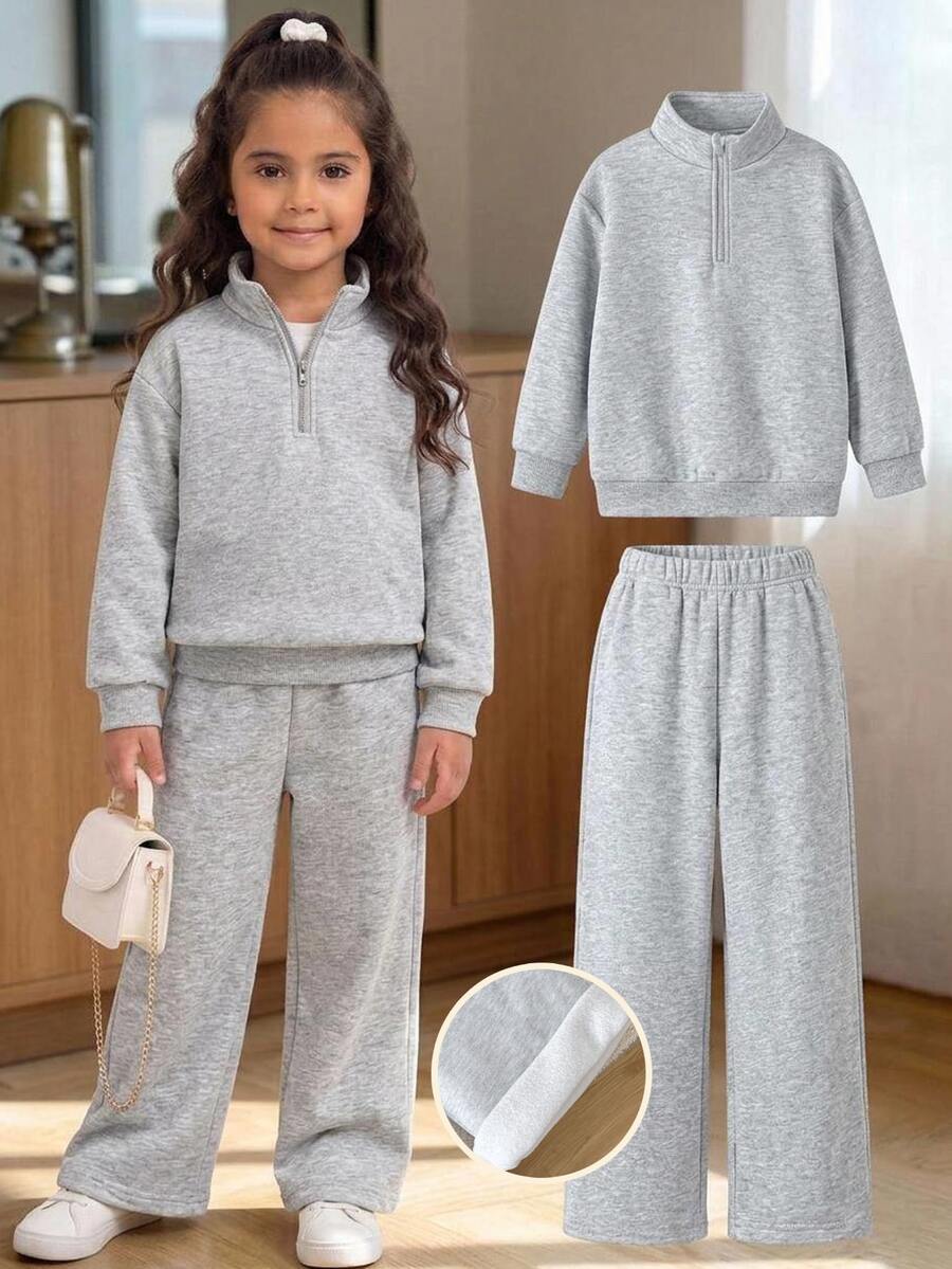 SHEIN Young Girls Young Girl Grey Thick Sweatshirt Set, Soft And Comfortable, New Autumn/Winter Casual Versatile - Grey - View 1