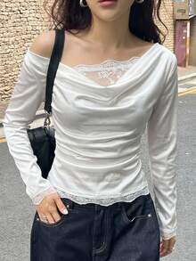 DAZY Solid Color Fitted Scoop Neck Long Sleeve Lace Trim Elegant Vacation Spring/Autumn Top Women T-Shirt - White - View 1