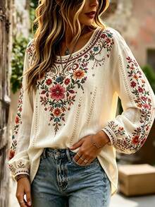 Selamara Women's Fashion Vintage Floral Print Long Sleeve Top, Autumn/Winter - Multicolor - View 3