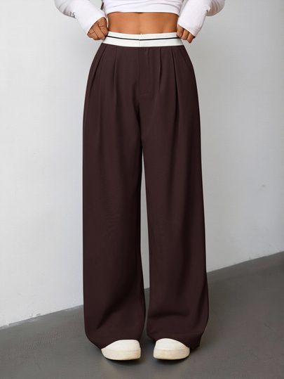 SHEIN PETITE Women's Waistband Stitching Khaki Casual Elegant Women's Suit Pants