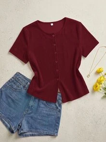 SHEIN Essnce Plus Size Summer Casual Solid Color Front Button T-Shirt - Burgundy - View 1