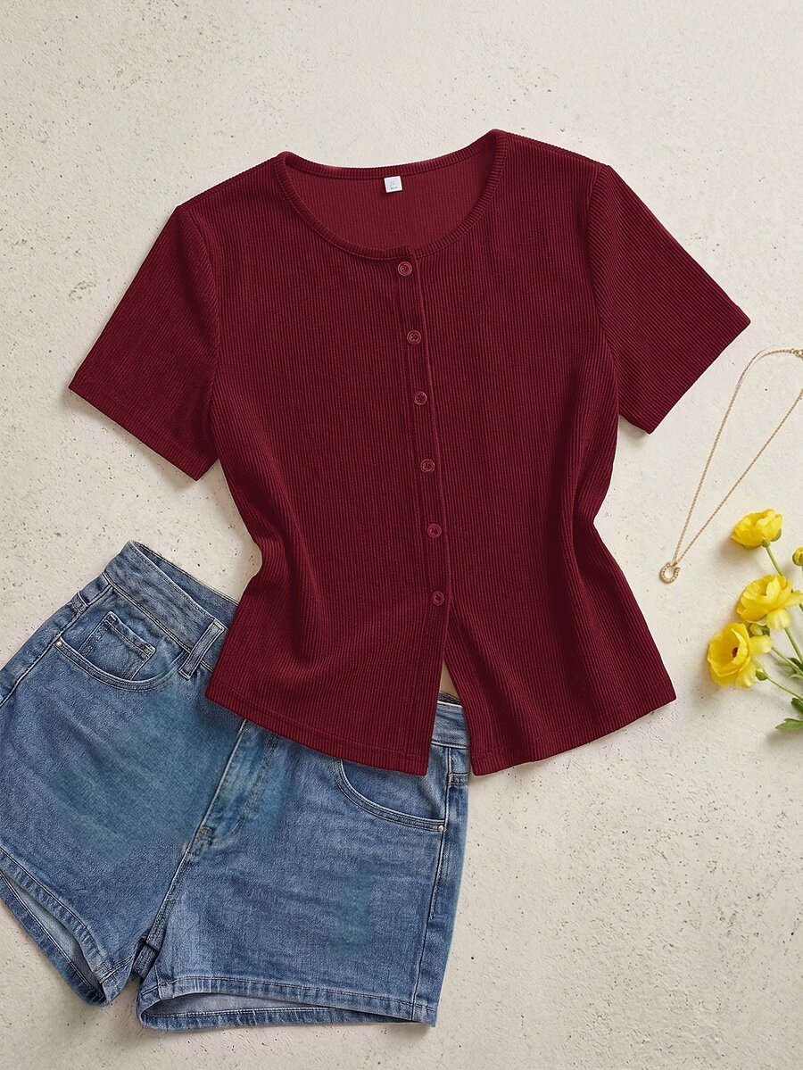 SHEIN Essnce Plus Size Summer Casual Solid Color Front Button T-Shirt - Burgundy - View 1