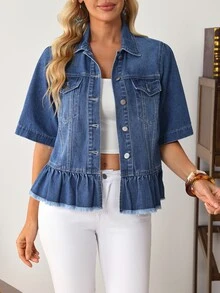 EMERY ROSE Áo khoác denim nữ tay ngắn cài nút đơn gấu bèo nhún - Màu xanh lam - Xem 7