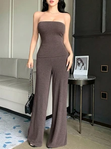 DAZY 女款 3 件組夏季棕色抹胸背心、披肩式開襟衫、直筒寬鬆休閒居家服套裝 - 棕色 - 查看 4