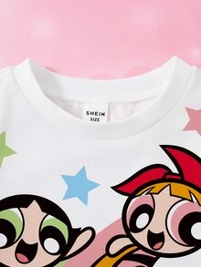 THE POWERPUFF GIRLS X SHEIN 女嬰卡通圖案圓領休閒日常長袖衛衣 - 白色 - 查看 3