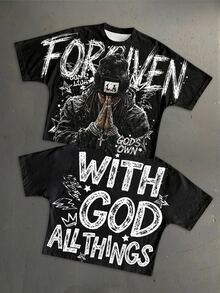Manfinity ZONE917 American Retro Hip Hop Graffiti Prayer GOD Graphic Men's Standard Size Batwing Sleeve Cropped Loose Short Sleeve T-Shirt - Black - View 1