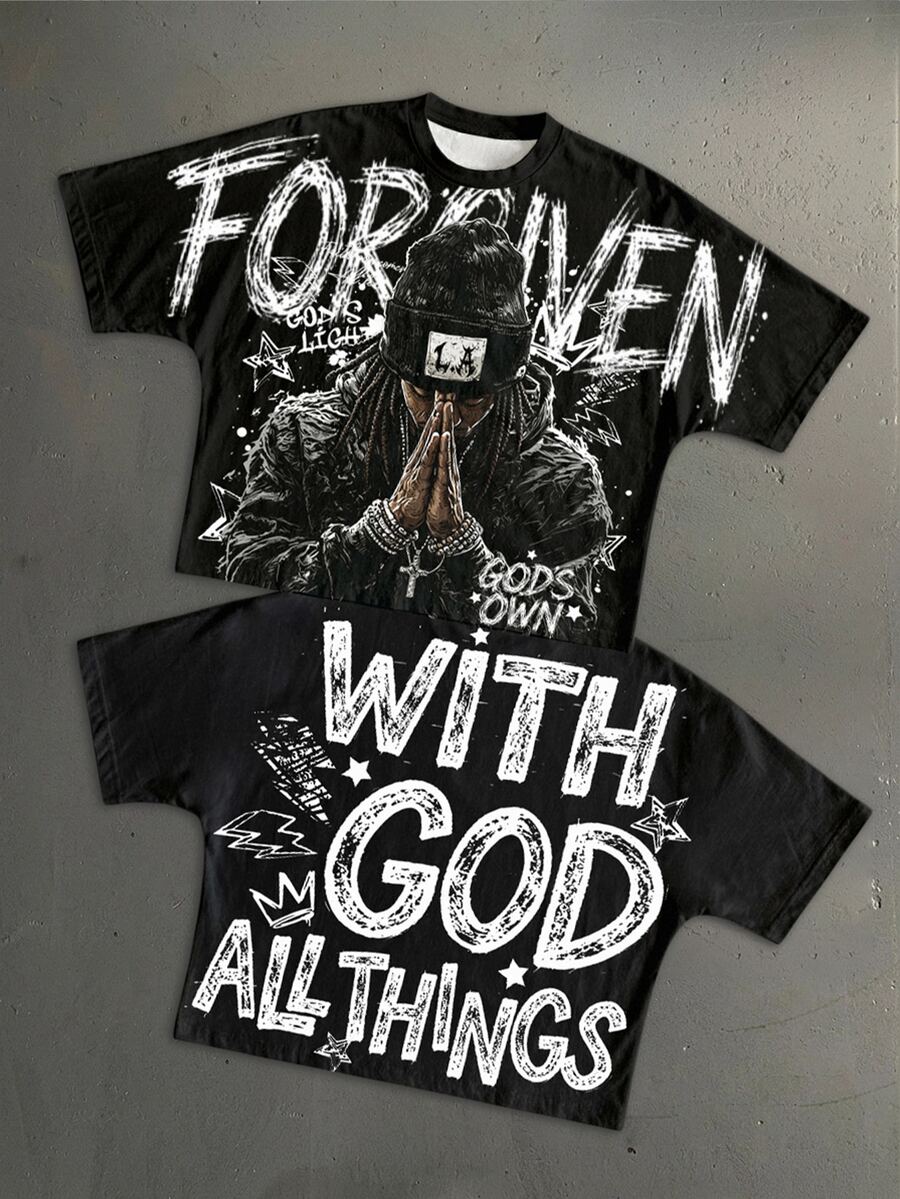 Manfinity ZONE917 American Retro Hip Hop Graffiti Prayer GOD Graphic Men's Standard Size Batwing Sleeve Cropped Loose Short Sleeve T-Shirt - Black - View 1