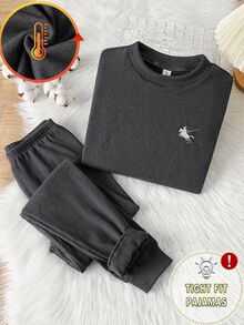 青少年男孩秋/冬新款睡衣 2 件套，胸前小刺繡，高彈力抓絨圓領上衣與長褲，修身居家服 - 深灰色 - 查看 3