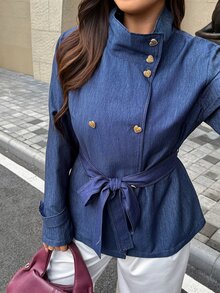 Easura Plus Size Denim Effect Long Sleeve Double-Breasted Heart Button Cinched Waist Jacket - Blue - View 1