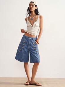 Bohemela Women's Napoleonic Military-Inspired Denim Shorts For Fall, Featuring A Vintage Wash And A Blend Of '70s, '90s, And Y2K Streetwear Styles / Blue - Blue - View 7
