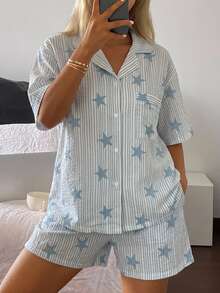 DAZY 2pcs/Set Women's Star Striped All-Over Print Loose Cardigan Short Sleeve Short Pajama Set - Blue - View 1