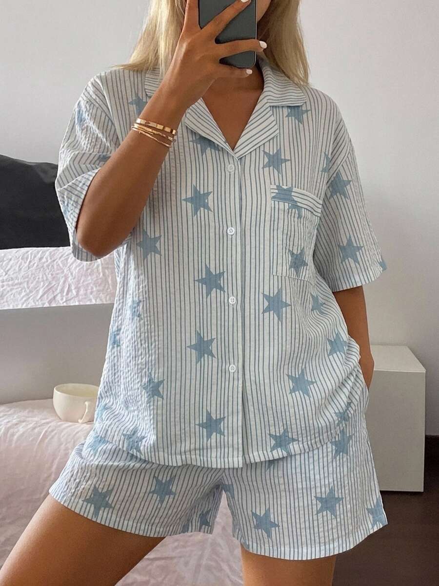 DAZY 2pcs/Set Women's Star Striped All-Over Print Loose Cardigan Short Sleeve Short Pajama Set - Blue - View 1