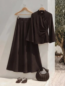 Zivah Women's Solid Color Frog Button Design Shirt And Skirt Elegant 2 Pieces Set - Brown - View 10
