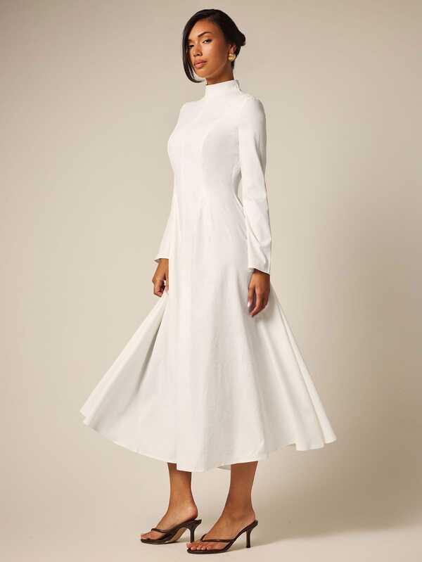 COSMINA Women's Casual Elegant Commute Long Sleeve White Umbrella Skirt Dress