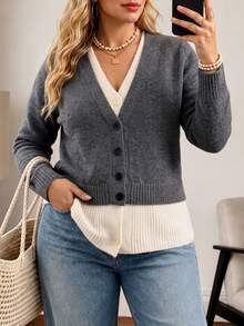 Vionelle Grey And White Colorblock 2 In 1 V-Neck Knit Cardigan, Single-Breasted Hem Splice Cropped Long Sleeve Plus Size Sweater Jacket Winter - Grey - View 1