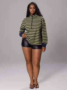 Rustia Plus Size Striped Stand Collar Zip-Up Sweatshirt, Sporty Casual Fall - Navy Blue - View 6