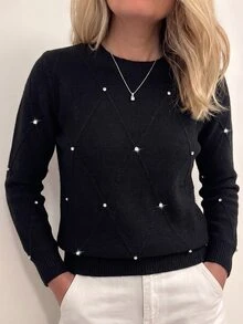 SHEIN DivaQ 秋冬新款休閒優雅黑色圓領鑽石格紋提花水鑽長袖修身女款時尚針織套頭毛衣 - 黑色 - 查看 3