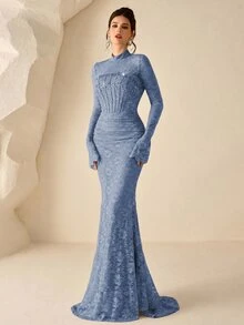Coutiva 女款蕾絲美人魚下擺高級晚禮服，優雅奢華雞尾酒洋裝 - 霧霾藍 - 查看 3