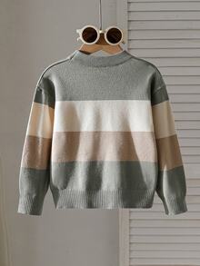 SHEIN Young Boy Autumn/Winter Casual Colorblock Patchwork Sweater - Green - View 7