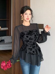 Modelyn Flocked Bandeau 2 In 1 Round Neck Lantern Sleeve Chiffon Blouse With Asymmetrical Ruffle Hem Dinner Going Out Black Floral Autumn Romantic Elegant - Black - View 9