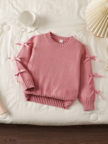 SHEIN 時尚百搭可愛蝴蝶結女童圓領套頭毛衣 - 粉色 - 查看 4