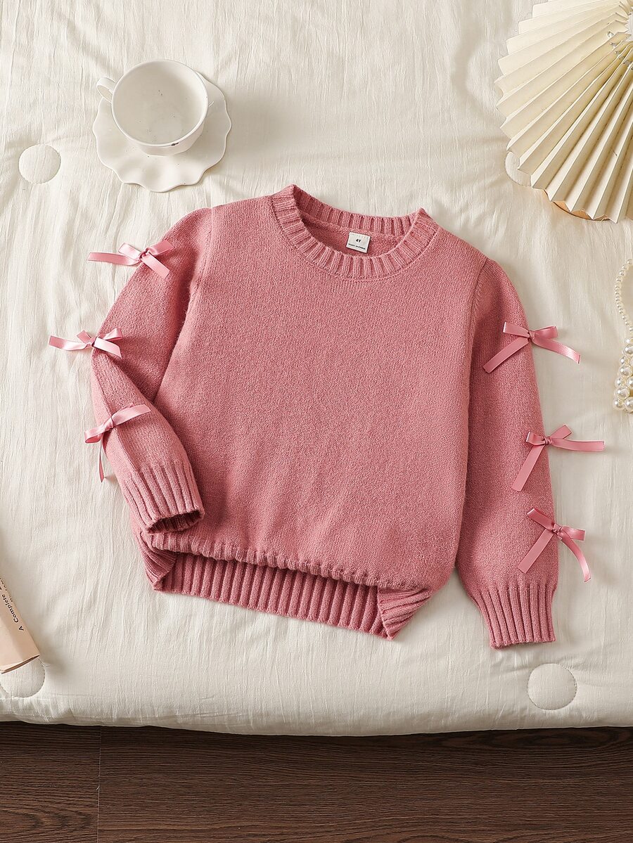SHEIN Fashionable Versatile Cute Bowknot Pullover Round Neck Sweater For Girls - Pink - View 1