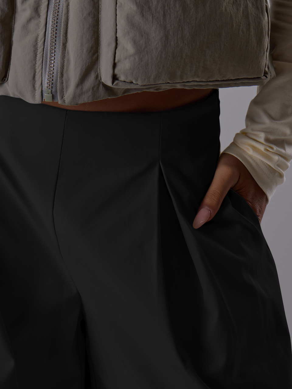 Calça Preta Petite Oversized Perna Larga Cintura Amarrada Pregas Cintura Baixa Outono Inverno Volta às Aulas Diário Cotidiano